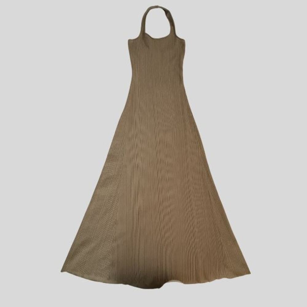 DISSH Liss Tan Pleated Halter Maxi Dress | Size XL | Stretchy Viscose Blend